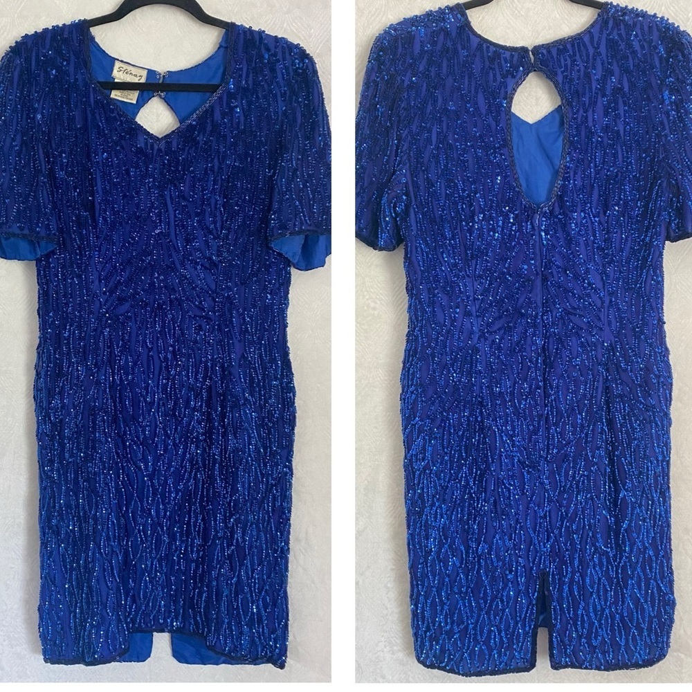 Stenay Vintage 100% Silk Beaded Cocktail Dress in Colbalt Blue Women’s Small EUC